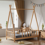 148CM Breite Kinderbett aus Kiefernholz mit Hausförmigen Rahmen und Schutzgitter